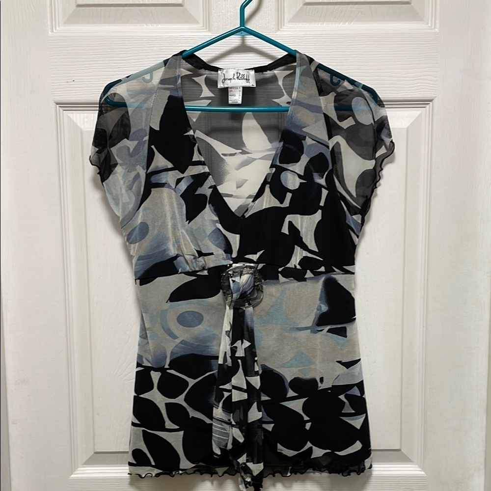 Joseph Ribkoff|Black/Cream/Blue|Patterned|Short Sleeve|Buckled Sash|Blouse|Size8